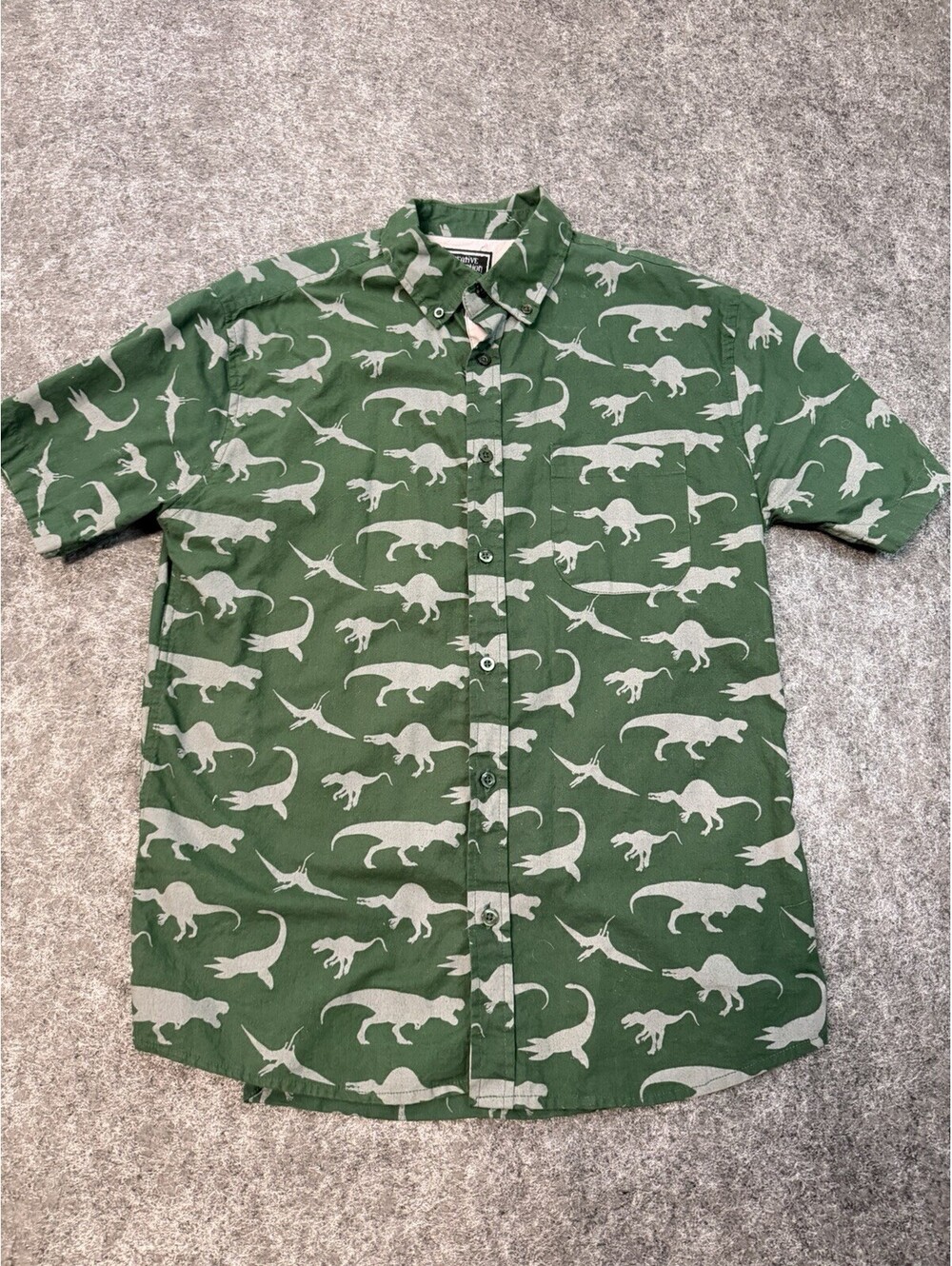 Creative Destruction Dinosaur Print Button Up Shirt Mens S Green Short Sleeve